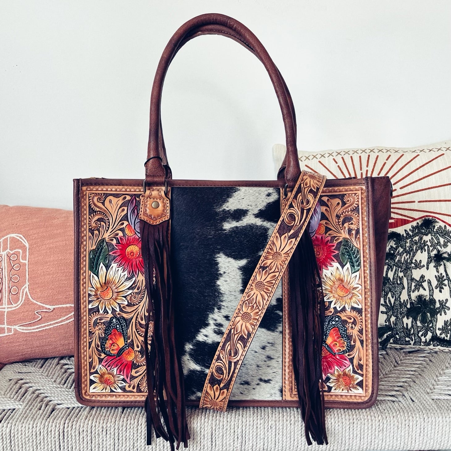 Leather Tote | Handcrafted Tooled Bag | Floral Bag | Custom options | Western Purse | Strap Included