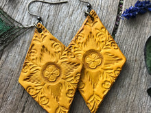 Load image into Gallery viewer, Yellow Diamond Hand Tooled Leather Earrings
