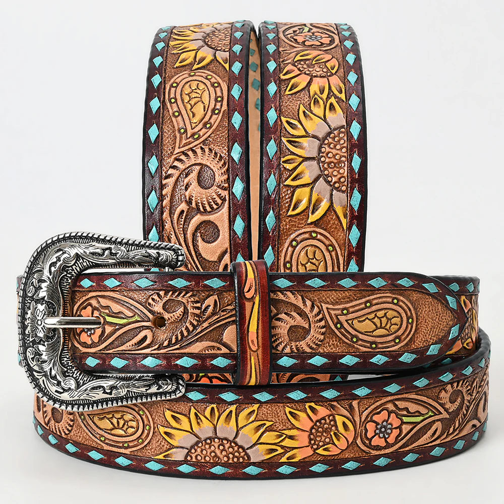 Sunflower Buck Stitch Hand Tooled Leather Belt