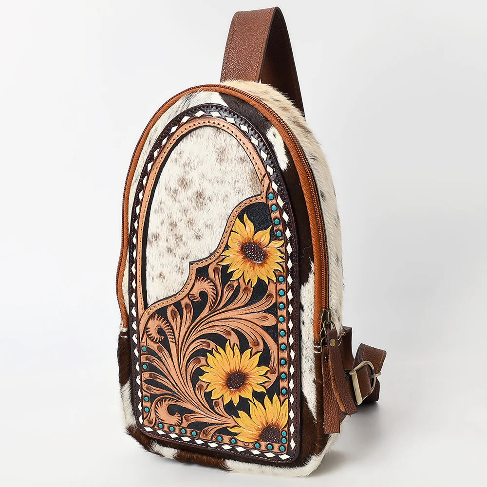 Sunny Sunflower Hand Tooled Leather Sling Bag