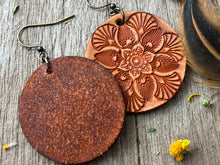 Load image into Gallery viewer, Whiskey Brown Mandala Hand Tooled Leather Earrings
