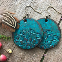 Load image into Gallery viewer, Half Mandala Hand Tooled Leather Earrings
