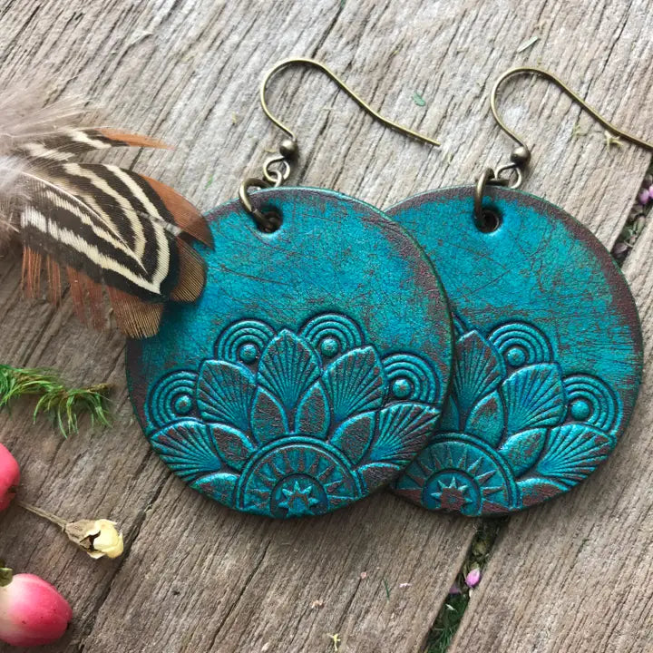 Half Mandala Hand Tooled Leather Earrings