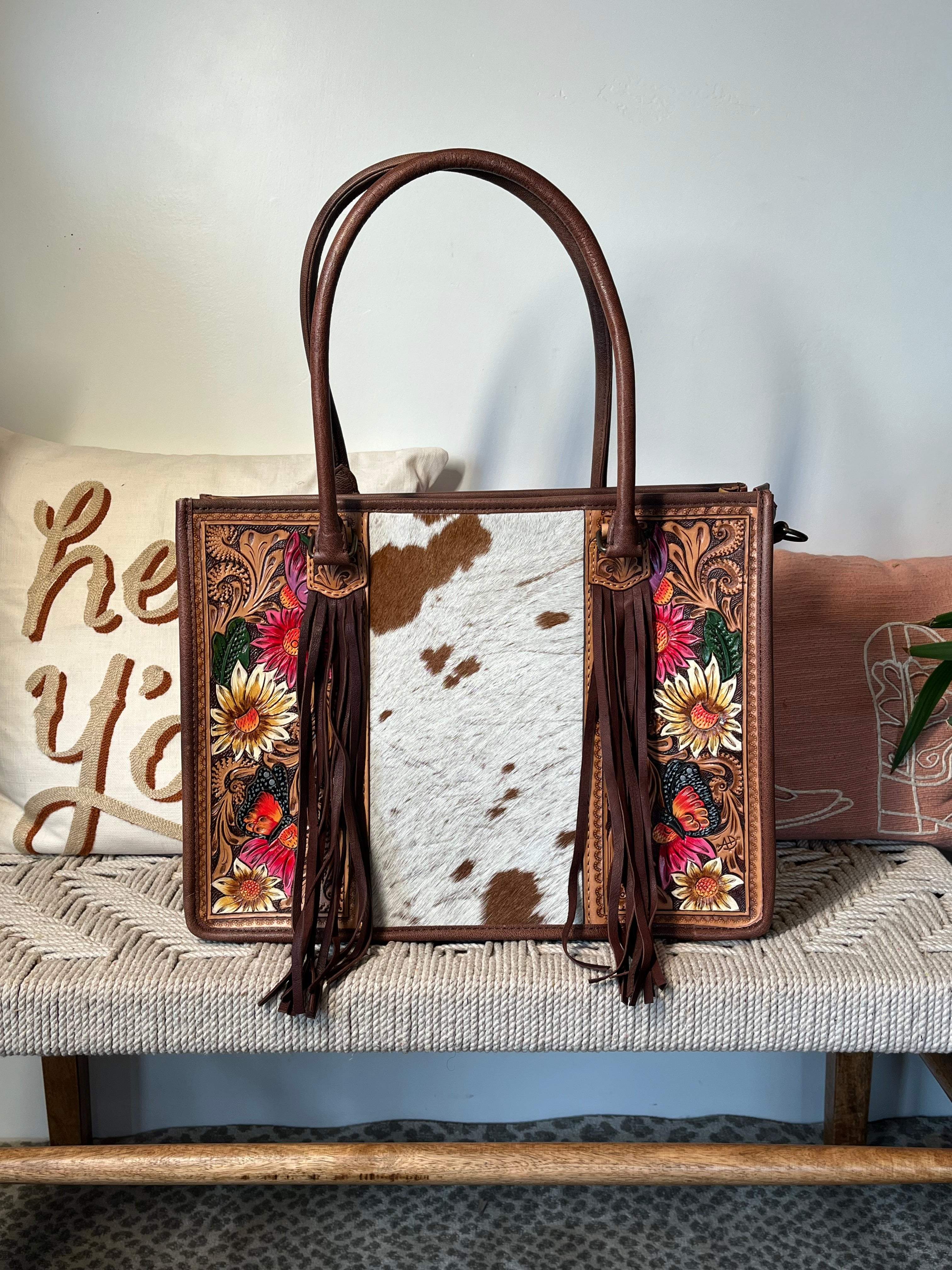 Spring Blooms Western Leather Tote Bag