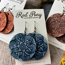 Load image into Gallery viewer, Navy Mandala Hand Tooled Leather Earrings
