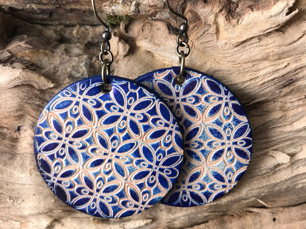 Indigo Blue Hand Tooled Leather Earrings