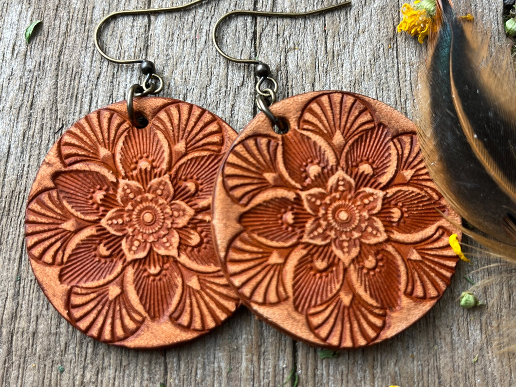 Whiskey Brown Mandala Hand Tooled Leather Earrings