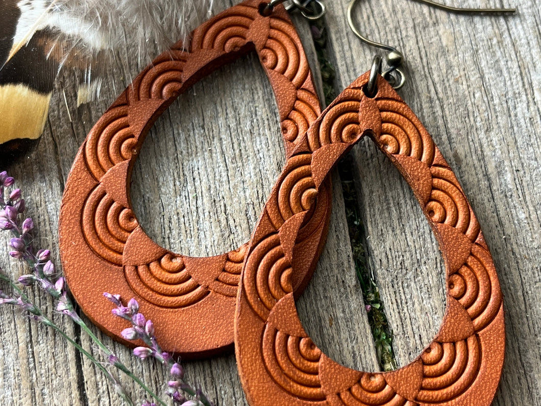 Whiskey Brown Geometric Hand Tooled Leather Earrings