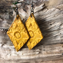 Load image into Gallery viewer, Yellow Diamond Hand Tooled Leather Earrings
