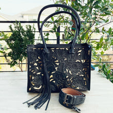 Load image into Gallery viewer, Black Wolf Hand Tooled Leather Tote Bag
