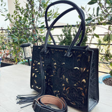 Load image into Gallery viewer, Black Wolf Hand Tooled Leather Tote Bag
