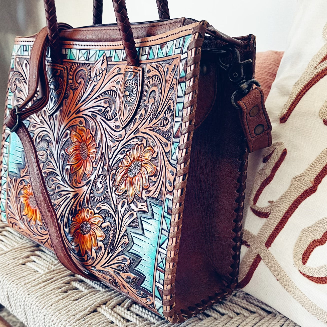 Del Rio Hand Tooled Leather Tote Bag