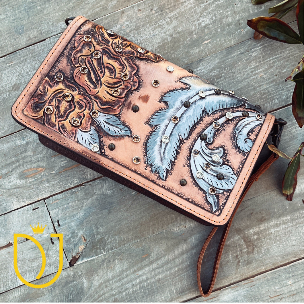 Boho Bloom Hand Tooled Leather Crossbody Wallet