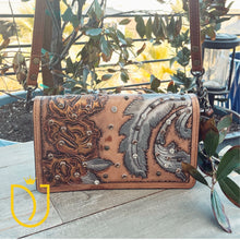 Load image into Gallery viewer, Boho Bloom Hand Tooled Leather Crossbody Wallet
