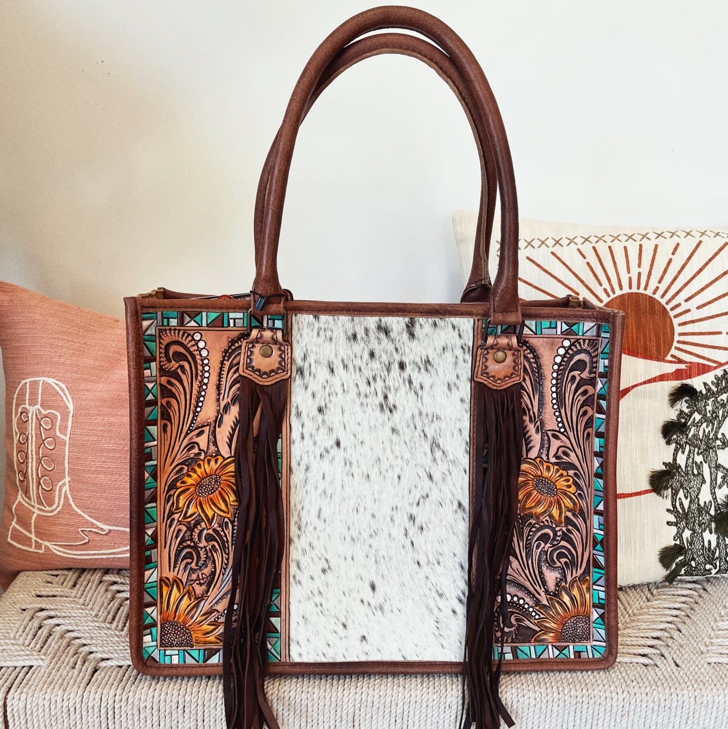 Country Meadows Western Leather Tote Bag