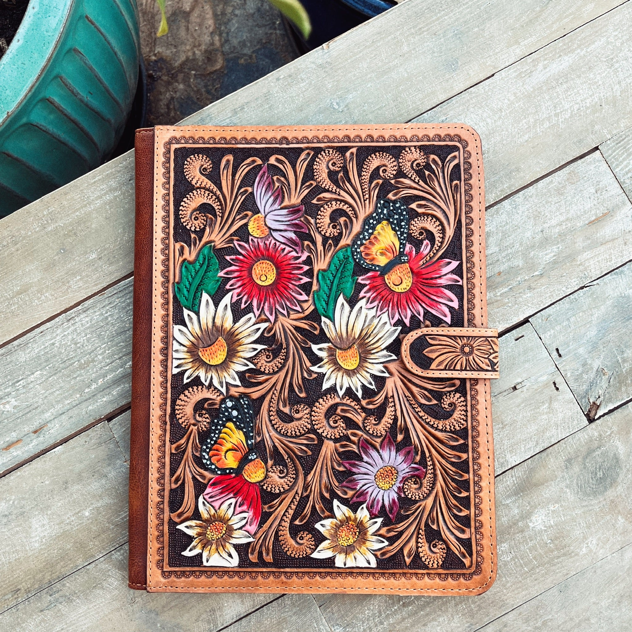 Hand Tooled Leather Notebook online - Red Roses