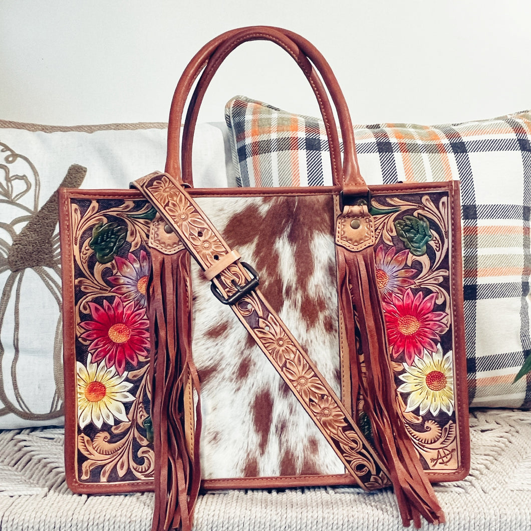 Spring Blooms Tan Western Leather Tote Bag