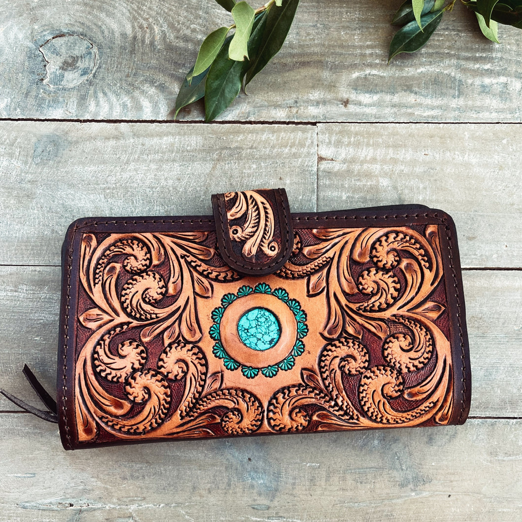 Bronco Belle Hand Tooled Leather Wallet