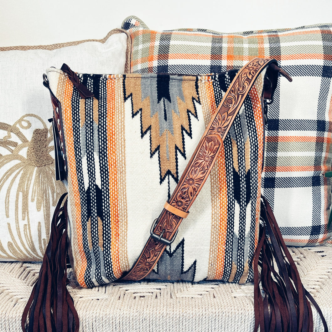 Cream Aztec Western Leather Crossbody Purse