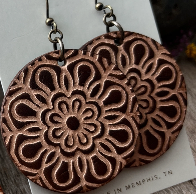 Boho Western Flower Mandala Embossed Leather Earrings