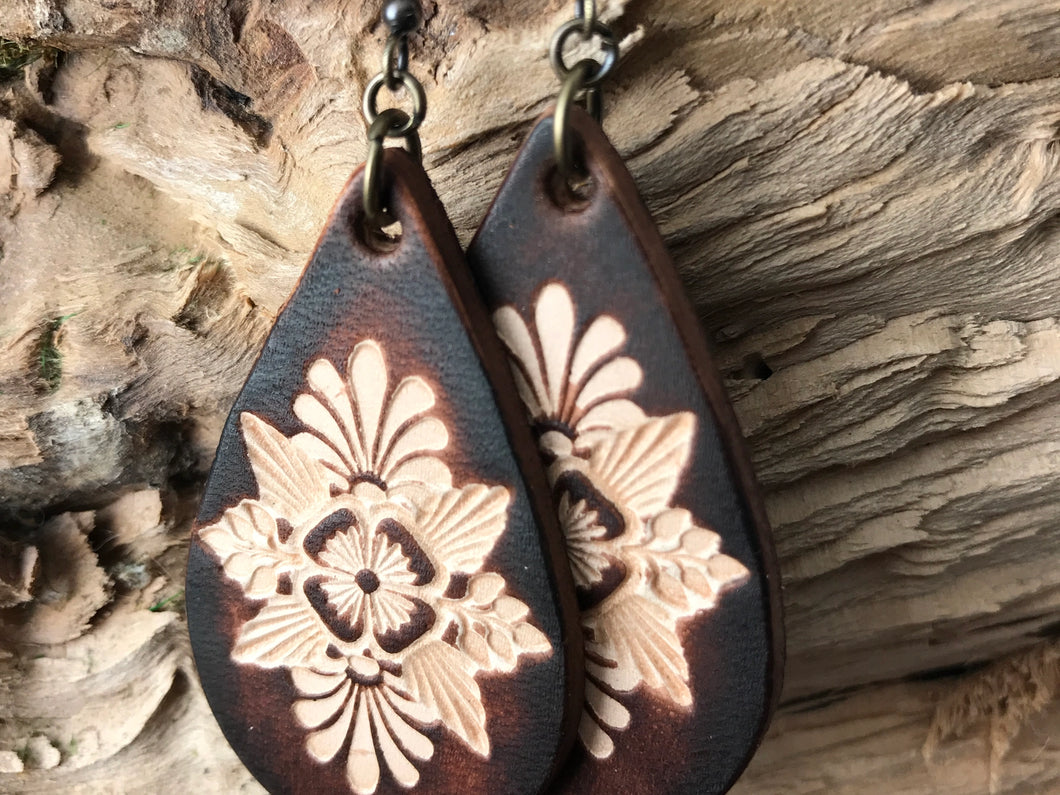 Chocolate Boho Western Hand Tooled Leather Earrings