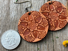 Load image into Gallery viewer, Whiskey Brown Mandala Hand Tooled Leather Earrings
