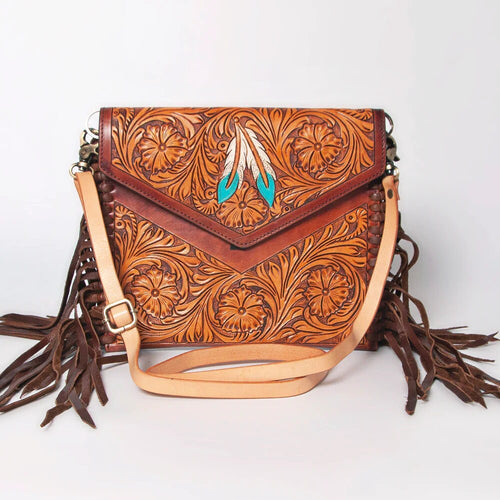 Western Hand Tooled Leather Crossbody Purse, Leather Clutch, Cowhide Purse, Leather Crossbody Handbag, Genuine Leather Fringe Purse