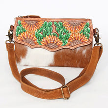 Load image into Gallery viewer, Western Leather Purse, Western Crossbody Purse, Hair On Cowhide Leather Crossbody Purse, Hand Painted handbag, Hand Tooled Crossbody Purse
