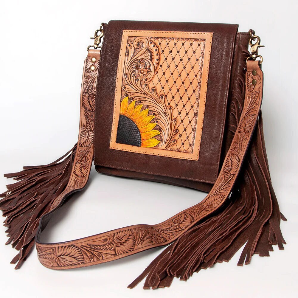 Western Leather Purse, Western Crossbody Purse, Hand Tooled Leather Crossbody Purse, Sunflower Purse, leather Fringe Purse