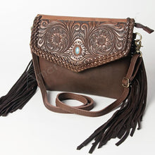 Load image into Gallery viewer, Western Purse, Cowhide Purse, Hand Tooled Leather Purse, Genuine Leather Crossbody Purse, Concealed Carry Purse, Genuine Leather Fringe
