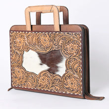 Load image into Gallery viewer, Hand Tooled Leather Briefcase, Western Tote Bag, Hand Tooled Leather Work Bag, Hand Tooled Leather Portfolio, Hair On Leather Briefcase
