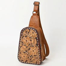 Load image into Gallery viewer, Leather Sling Bag Women, Hand Tooled Leather Sling Purse, Leather Sling Backpack Purse, Leather Backpack, Floral Sling Bag, Western Purse
