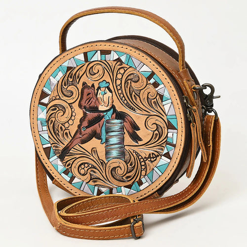 Western Hand Tooled Leather Canteen Purse, Hand Painted Leather Purse, Cowhide Leather Bag, Genuine Western Leather Crossbody Purse