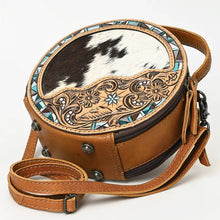 Load image into Gallery viewer, Western Hand Tooled Leather Canteen Purse, Hand Painted Leather Purse, Hair On Cowhide Leather Bag, Genuine Western Leather Crossbody Purse
