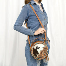 Load image into Gallery viewer, Western Hand Tooled Leather Canteen Purse, Hand Painted Leather Purse, Hair On Cowhide Leather Bag, Genuine Western Leather Crossbody Purse
