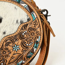 Load image into Gallery viewer, Western Hand Tooled Leather Canteen Purse, Hand Painted Leather Purse, Hair On Cowhide Leather Bag, Genuine Western Leather Crossbody Purse
