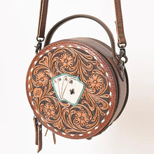 Load image into Gallery viewer, Western Hand Tooled Leather Canteen Purse, Hand Painted Leather Purse, Cowhide Leather Bag, Genuine Western Leather Crossbody Purse
