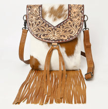 Load image into Gallery viewer, Western Purse, Cowhide Purse, Hand Tooled Leather Purse, Cowhide Purse, Concealed Carry Purse, Hair On Cowhide Purse, Leather Fringe
