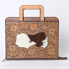 Load image into Gallery viewer, Hand Tooled Leather Briefcase, Western Tote Bag, Hand Tooled Leather Work Bag, Hand Tooled Leather Portfolio, Hair On Leather Briefcase
