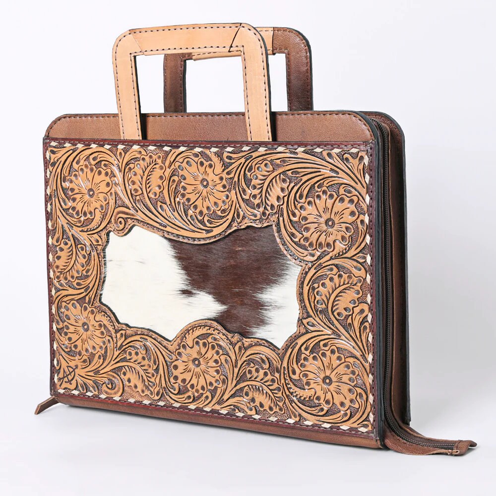 Hand Tooled Leather Briefcase, Western Tote Bag, Hand Tooled Leather Work Bag, Hand Tooled Leather Portfolio, Hair On Leather Briefcase