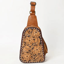 Load image into Gallery viewer, Leather Sling Bag Women, Hand Tooled Leather Sling Purse, Leather Sling Backpack Purse, Leather Backpack, Floral Sling Bag, Western Purse
