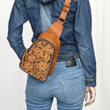 Load image into Gallery viewer, Leather Sling Bag Women, Hand Tooled Leather Sling Purse, Leather Sling Backpack Purse, Leather Backpack, Floral Sling Bag, Western Purse
