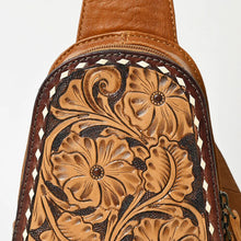 Load image into Gallery viewer, Leather Sling Bag Women, Hand Tooled Leather Sling Purse, Leather Sling Backpack Purse, Leather Backpack, Floral Sling Bag, Western Purse
