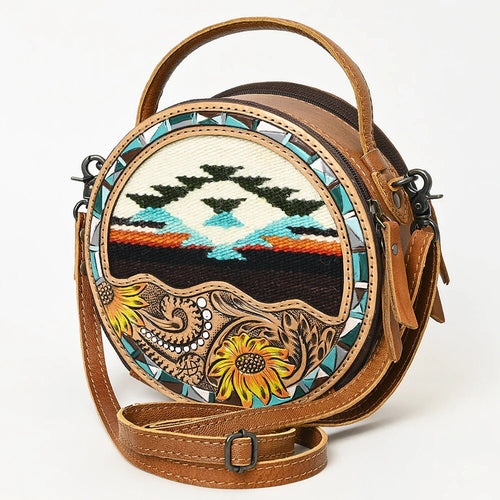 Western Hand Tooled Leather Canteen Purse, Hand Painted Leather Purse, Cowhide Leather Bag, Genuine Western Leather Crossbody Purse