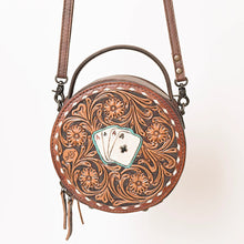 Load image into Gallery viewer, Western Hand Tooled Leather Canteen Purse, Hand Painted Leather Purse, Cowhide Leather Bag, Genuine Western Leather Crossbody Purse
