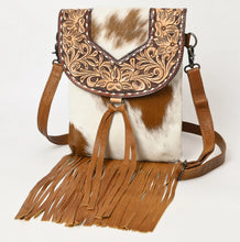 Load image into Gallery viewer, Western Purse, Cowhide Purse, Hand Tooled Leather Purse, Cowhide Purse, Concealed Carry Purse, Hair On Cowhide Purse, Leather Fringe
