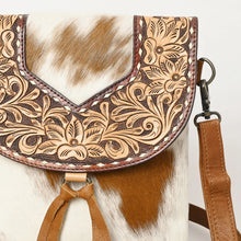 Load image into Gallery viewer, Western Purse, Cowhide Purse, Hand Tooled Leather Purse, Cowhide Purse, Concealed Carry Purse, Hair On Cowhide Purse, Leather Fringe
