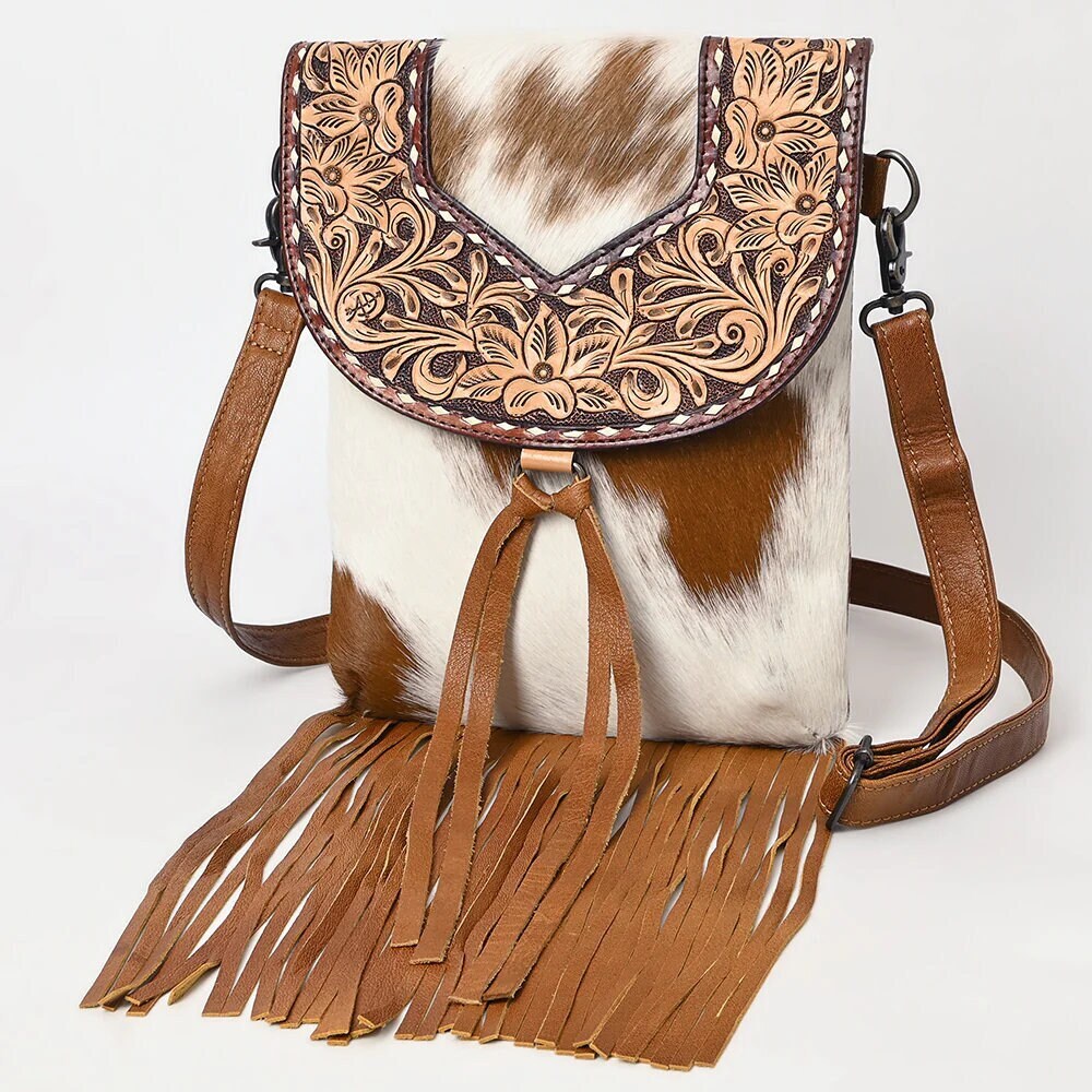 Western Purse, Cowhide Purse, Hand Tooled Leather Purse, Cowhide Purse, Concealed Carry Purse, Hair On Cowhide Purse, Leather Fringe