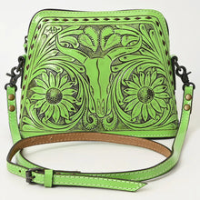 Load image into Gallery viewer, Western Purse, Hand Tooled Leather Purse, Western Leather Purse, Cowhide Purse, Green Leather Purse, Small Leather Crossbody Purse
