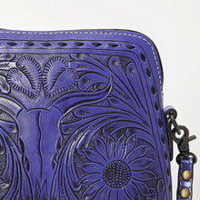 Load image into Gallery viewer, Western Purse, Hand Tooled Leather Purse, Western Leather Purse, Cowhide Purse, Purple Leather Purse, Small Leather Crossbody Purse
